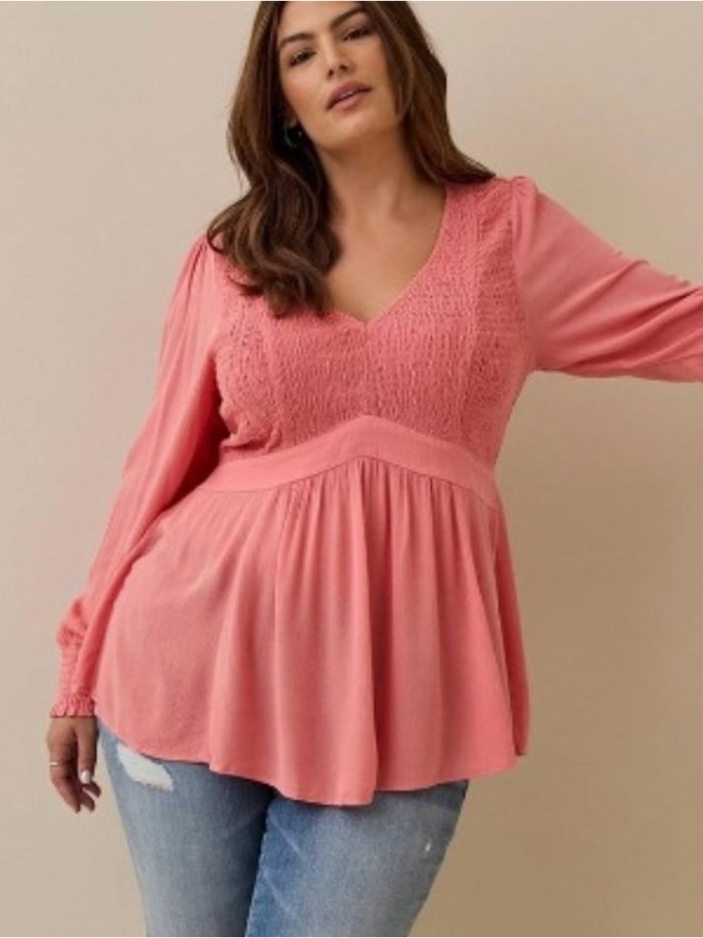 Women's V-Neck Smocked Peplum Top - Coral